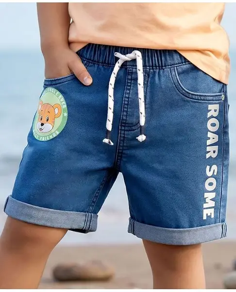 Babyhug Denim Mid Thigh Short With Stretch & Text Print - Navy Blue
