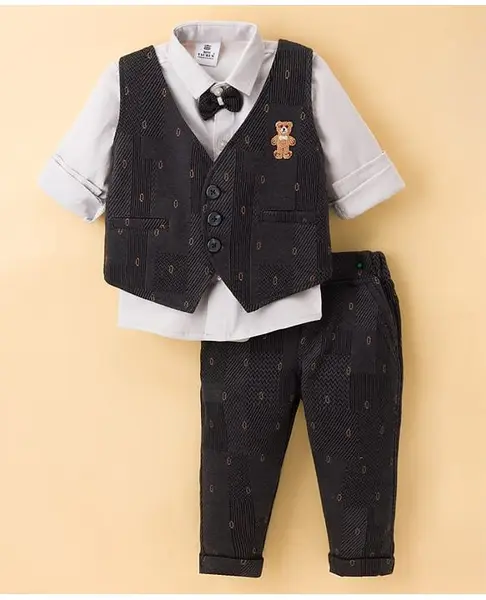 Mini Taurus Sinker Knit Full Sleeves Three Piece Party Suit With Bear Embroidery - Dark Green