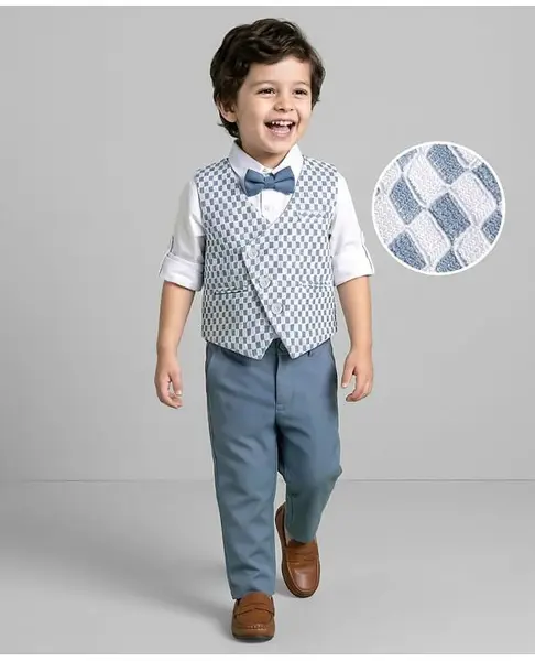 Mark & Mia Cotton Woven Full Sleeves Checks 3 Piece Party Suit With Bow - Light Blue & White