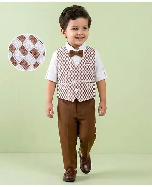 Mark & Mia Cotton Woven Full Sleeves Checks 3 Piece Party Suit With Bow - Brown & White