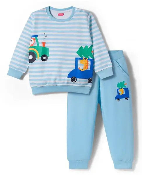 Babyhug Single Jersey Knit Full Sleeves T-Shirt & Lounge Pant Set with Animal Print & Stripes - Light Blue