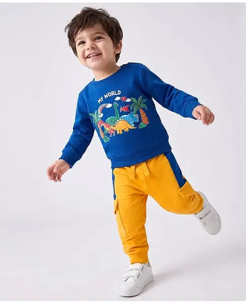 Babyhug Single Jersey Knit Full Sleeves T-Shirt & Lounge Pant Set with Jungle Theme Print - Yellow & Navy Blue