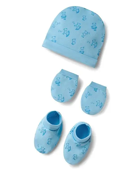 Doodle Poodle 100% Cotton Interlock Knit Cap Mittens & Booties Set with Bear Print Aqua Blue - Diameter 19 cm