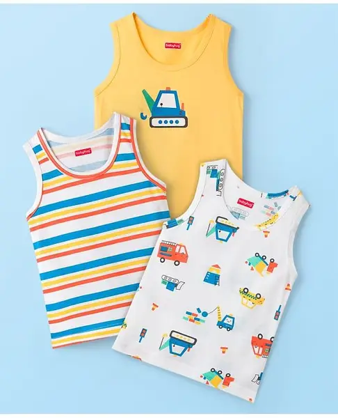 Babyhug 100% Cotton Knit Sleeveless Sando Vests With Stripes & Truck Print Pack of 3 - White & Yellow