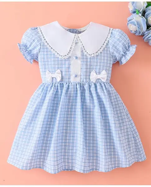 Mark & Mia Half Puffed Sleeves Fit & Flared Checkered Frock with Bow Applique - Light Blue