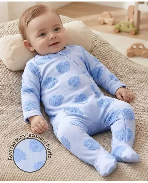 Babyoye Cotton Knit Full Sleeves Footed Sleepsuit With Tree Embroidery - Blue