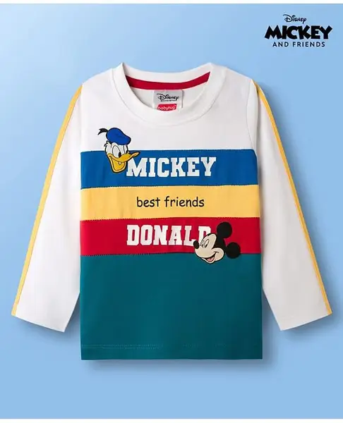 Babyhug Disney Single Jersey Knit Full Sleeves Cut & Sew T-Shirt with Mickey Mouse Graphic & Badge Detailing - Multicolor