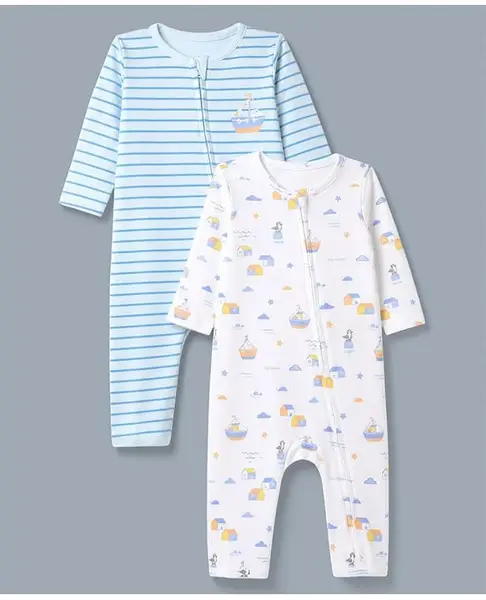 Babyhug 100% Cotton Interlock Knit Romper With Nautical Theme Print Pack of 2 - Blue & White