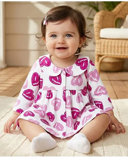 Babyoye 100% Cotton Interlock Knit Full Sleeves Frock With Bloomer With Heart Print - White