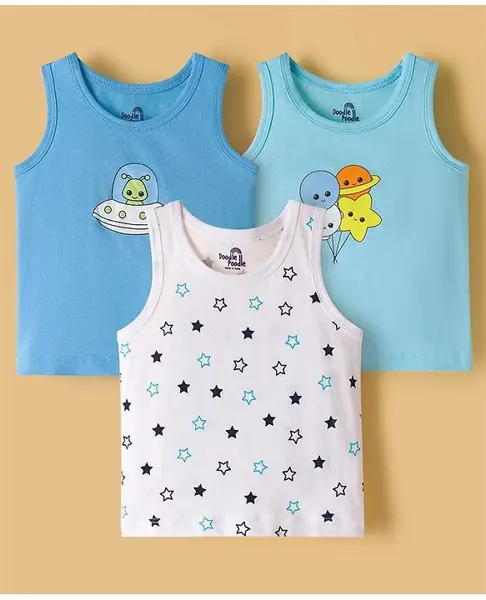 Doodle Poodle 100% Cotton Knit Sleeveless Space Theme Printed Vests Pack of 3 - White Light & Aqua Blue