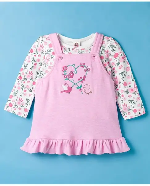 ToffyHouse Knit Frock with Full Sleeves Inner Tee Floral Print & Embroidery - Pink