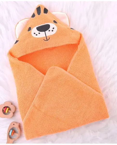 Babyhug 100% Cotton Terry Woven Hooded Bath Towel with Tiger Print L 73 x B 73 cm - Light Orange