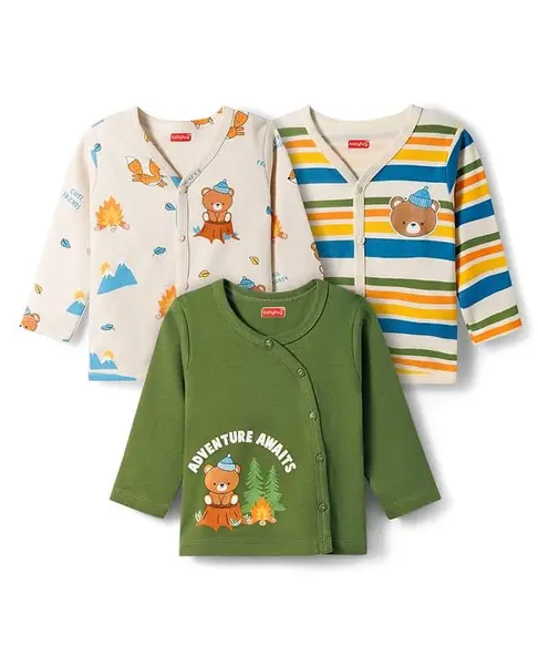 Babyhug 100% Cotton Knit Full Sleeves Striped Jhablas with Bear Print Pack of 3 - Multicolor