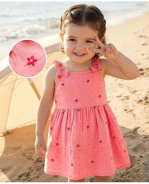 Babyoye 100% Cotton Woven Sleeveless Floral Embroidered Frock With Bow - Peach