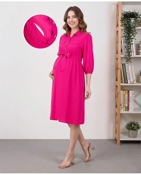 Bella Mama Viscose Woven Three Fourth Sleeves Solid Color Maternity Dress with Belt - Pink