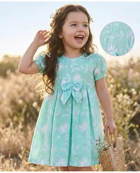 Babyhug Cotton Woven Half Puffed Sleeves Frock with Floral Embroidery & Bow Applique - Aqua Blue