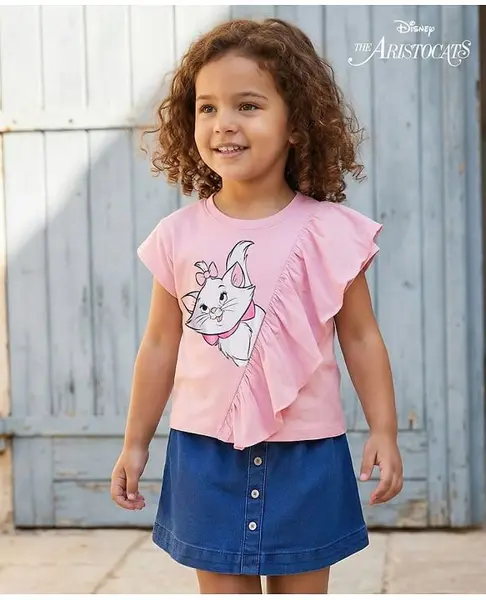 Babyhug Disney Single Jersey Knit Half Sleeves Top & Denim Skirt Set With Aristocrats Marie Graphics - Pink & Blue