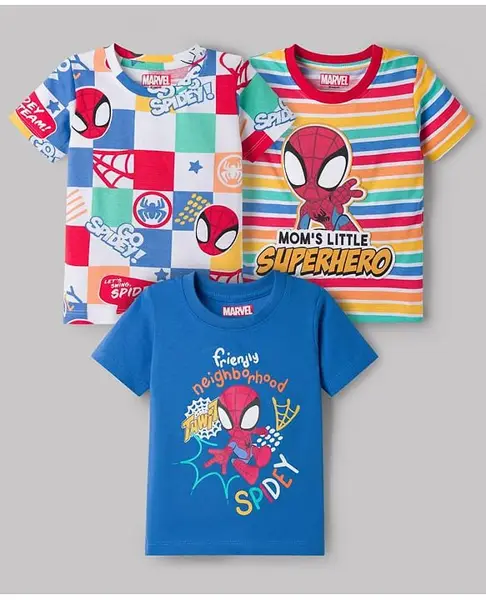 Babyhug Marvel 100% Cotton Knit Half Sleeves T-Shirt With Spider Man Graphic Pack of 3 - Multicolour