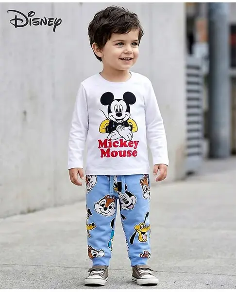 Babyoye Disney Single Jersey Knit Full Sleeves T-Shirt & Track Pant Set With Mickey & Friends Graphics - White & Light Blue