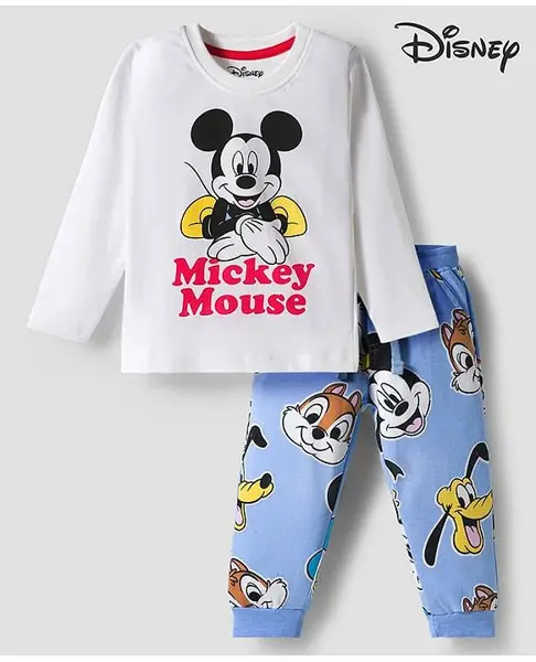 Babyoye Disney Single Jersey Knit Full Sleeves T-Shirt & Track Pant Set With Mickey & Friends Graphics - White & Light Blue