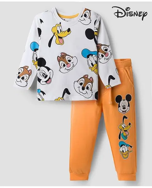 Babyoye Disney Single Jersey Knit Full Sleeves T-Shirt & Track Pant Set With Mickey & Friends Graphics - White & Orange