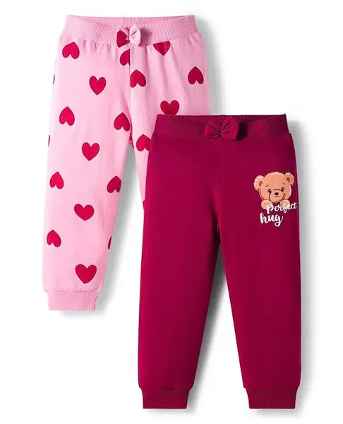 Babyhug Single Jersey Knit Full Length Lounge Pants With Heart & Teddy Bear Print Pack of 2 - Maroon & Pink