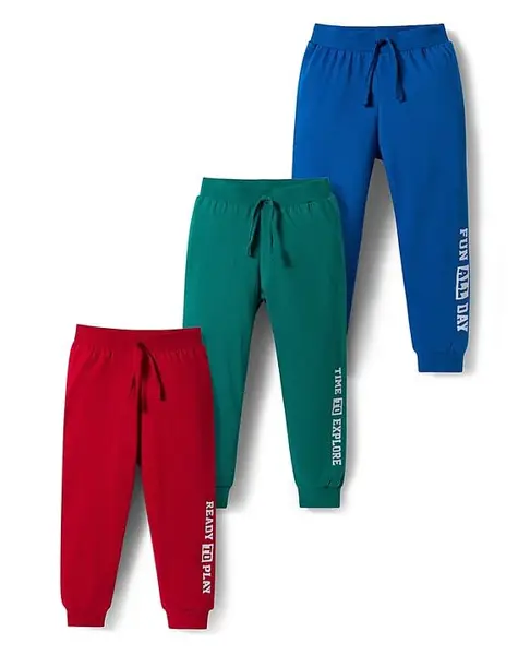 Babyhug Single Jersey Knit Full Length Lounge Pant With Text Print Pack Of 3 - Red Blue & Green