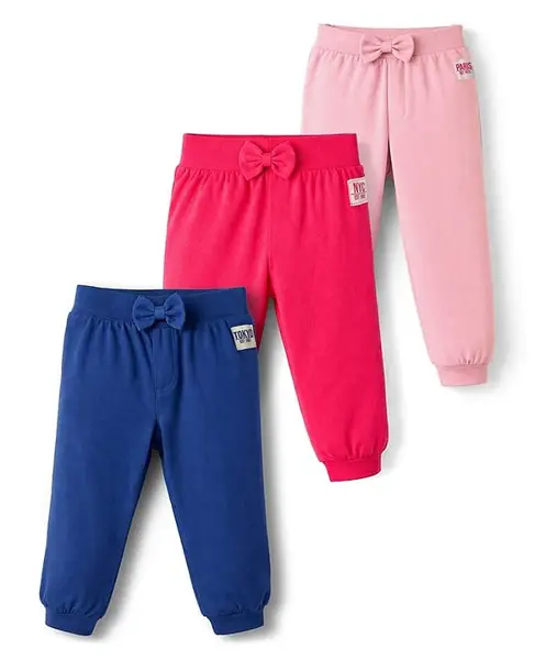 Babyhug Cotton Jersey Knit Full Length Lounge Pants With Text Patch & Bow Applique Pack of 3 - Navy Blue Light & Dark Pink