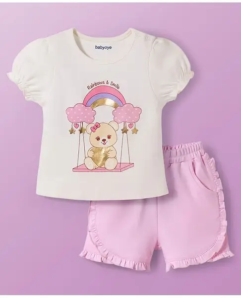 Babyoye 100% Cotton Knit With Eco Jiva Finish Half Sleeves T-Shirt & Shorts Set with Bear Print - White & Pink