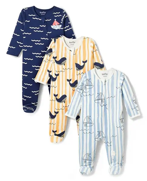 Bonfino 100% Cotton Knit Full Sleeves Nautical Theme & Sea Life Printed Printed Sleepsuits Pack of 3 - Multicolour