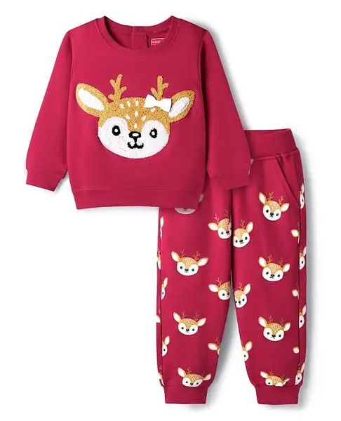 Babyhug Interlock Knit Full Sleeves Top & Lounge Pant Set with Deer Print & Bow Applique - Maroon