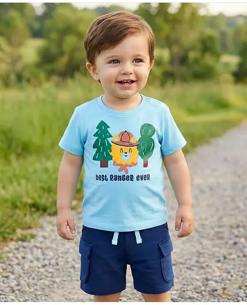 Babyoye 100% Cotton Knit Half Sleeves T-Shirt & Shorts Set With Animal Print - Light & Navy Blue