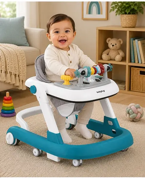 Babyhug 2 in 1 Baby Walker with Anti Fall Protection & Adjustable Height-Blue