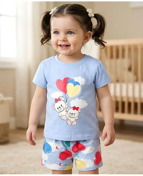 Babyoye 100% Cotton Knit Half Sleeves T-Shirt & Shorts Night Suit With Teddy Bear & Heart Print - Light Blue
