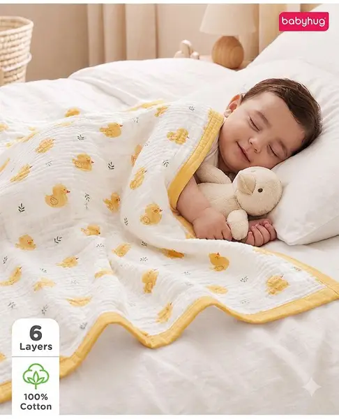 Babyhug 6 Layer Muslin Baby Blanket with Contrast Wide Edge Duck Print - Yellow