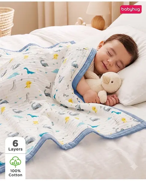 Babyhug 6 Layer Muslin Baby Blanket with Contrast Wide Edge Dinosaur Print - Blue