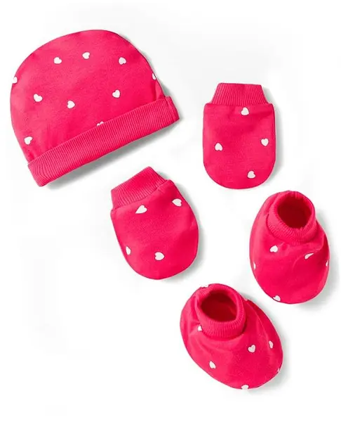 Bonfino 100% Cotton Knit Cap Mittens & Booties With Heart Print Dark Pink - Diameter 10 cm