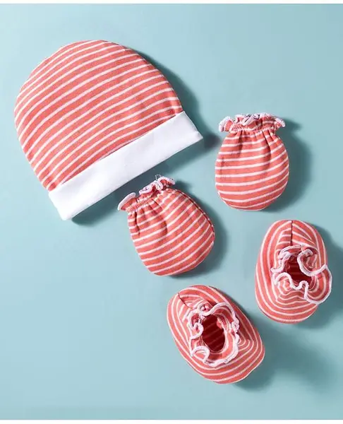 Ben Benny Interlock Knit Striped Cap Mittens & Booties Red - Diameter 10.5 cm