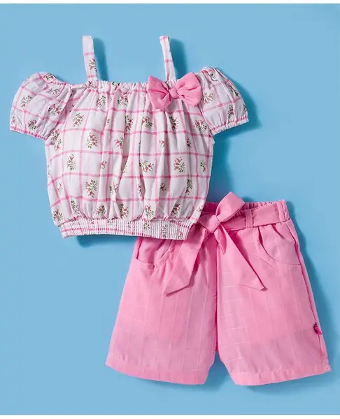 Dew Drops Poplin Woven Half Puffed Sleeves Top & Shorts Set with Belt Floral Print & Bow Applique - Pink