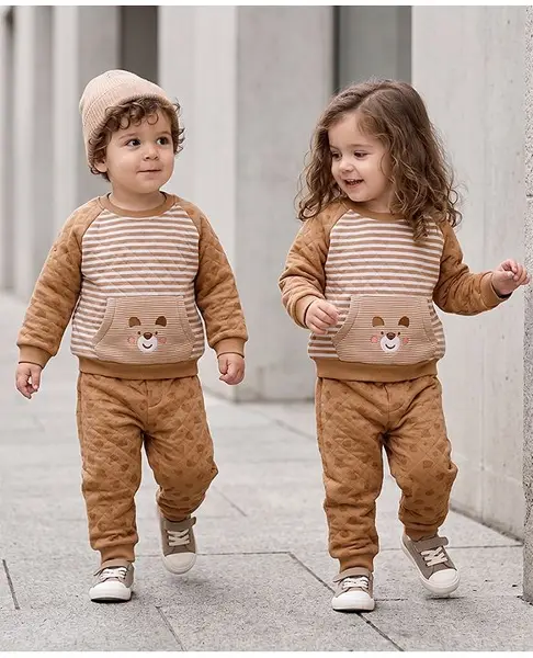 ToffyHouse Interlock Knit Full Raglan Sleeves T-Shirt Style & Lounge Pant Night Suit With Bear Embroidery - Brown
