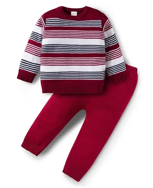 Babyhug Knit Full Sleeves Pullover Sweater Set with Stripes - Maroon