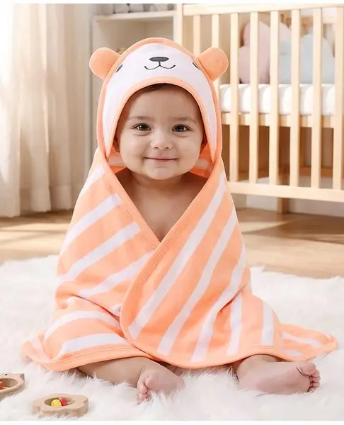 Babyhug Cotton Knit Striped Hooded Wrapper with Ear Applique L 65 X B 61 cm - Peach