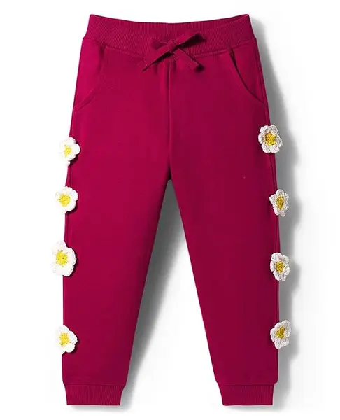 Babyhug Cotton Looper Knit Full Length Lounge Pants With Floral Applique - Maroon