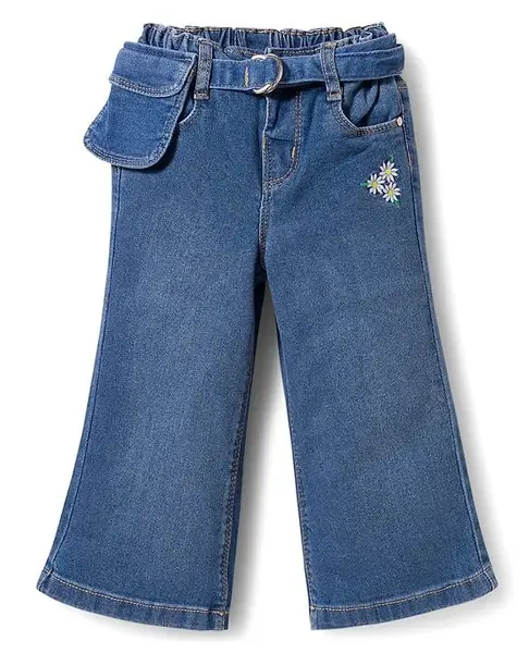 Babyhug Full Length Denim Jeans with Stretch Belt & Floral Embroidery - Blue