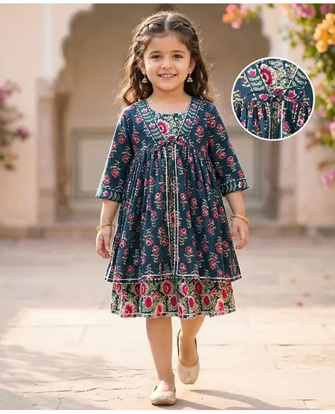 Babyhug Cambric Woven Three Fourth Sleeves Ethnic Dress With Floral Print - Blue