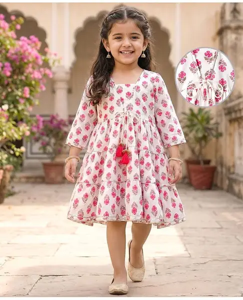 Babyhug Cotton Woven Three Fourth Sleeves Floral Printed Ethnic Dress - White
