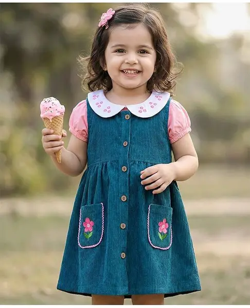 Babyhug 100% Cotton Woven Floral Embroidered Frock With Inner Tee - Navy Blue & Pink