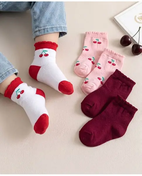 Cute Walk By Babyhug Knit Ankle Length Antibacterial Socks with Cherry Design Pack of 3 - Maroon Pink & White