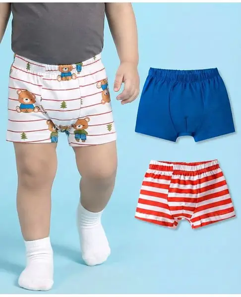 Babyhug 100% Cotton Knit Trunks With Stripes & Teddy Bear Print Pack of 3 - Multicolor
