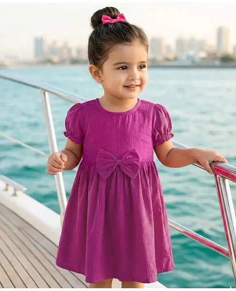 Babyhug Cotton Woven Half Puffed Sleeves Solid Colour A Line Frock with Bow Applique - Dark Pink